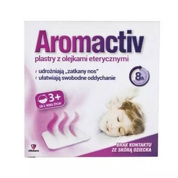 AFLOFARM Aromactiv essential oil patches make it easier to breathe at night and clear a stuffy nose. There are 5 patches in the package, and one of them lasts up to 8 hours. It is placed on the child's clothes, not directly on the skin, at chest level, so that the scent of eucalyptus oil and Scotch pine will spread and allow the child to breathe easily and sleep well all night. The essential oils contained in the preparation have a positive effect on the respiratory system.