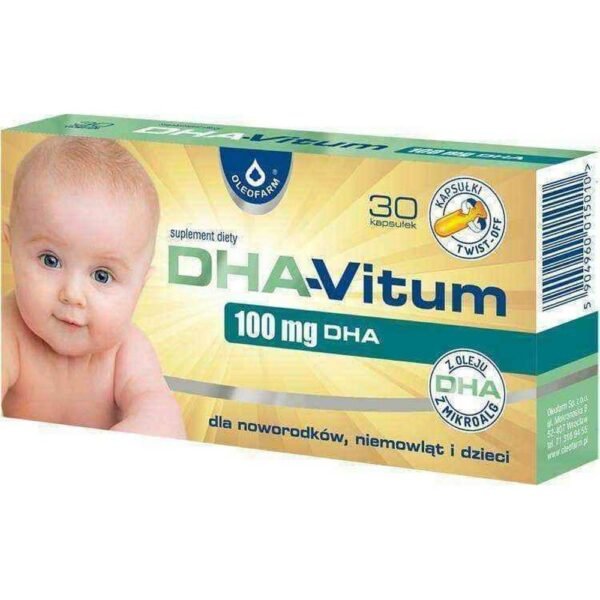 DHA-Vitum 100 mg DHA: un suplemento dietético que proporciona al cuerpo ácido docosahexaenoico (DHA). El producto está destinado a recién nacidos, bebés y niños.