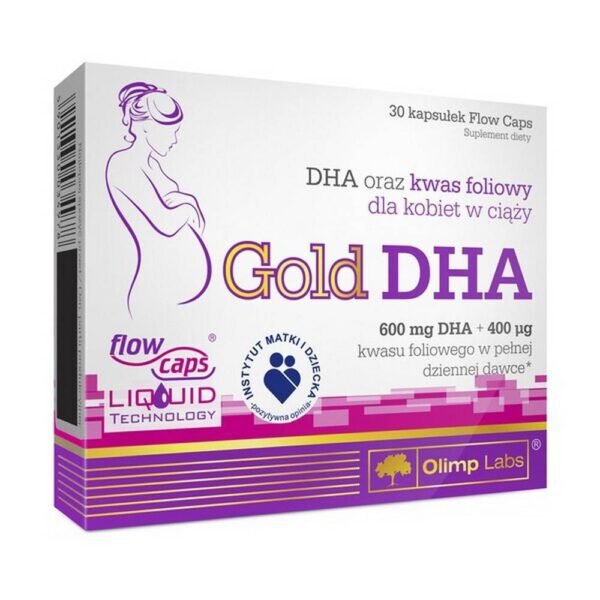 Gold DHA is a dietary supplement in the form of Flow Caps liquid capsules that supplements the diet of pregnant and breastfeeding women with DHA from the group of omega-3 fatty acids and folic acid, which contributes to the growth of maternal tissues during pregnancy.