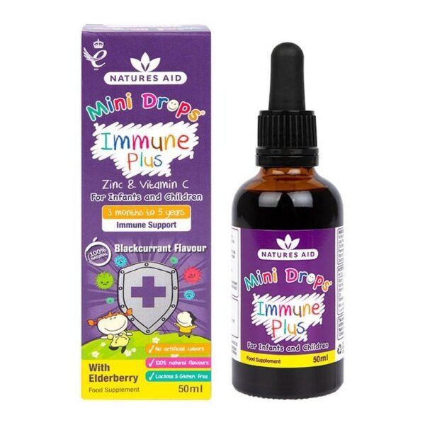 Immune Plus Mini Drops de Natures Aid est un complément alimentaire sous forme de gouttes contenant du zinc et de la vitamine C qui soutiennent le système immunitaire.