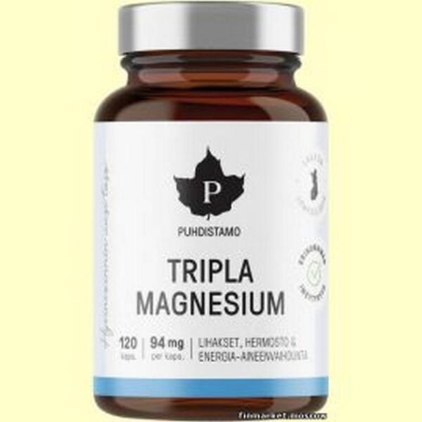 Puhdistamo Tripla Magnesium (magnesium) 120 capsules contains three chelated forms of magnesium of the highest purity - magnesium malate, magnesium bisglycinate and magnesium taurate.