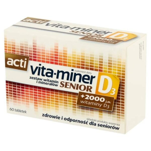 Acti Vita-miner Senior D3 is a dietary supplement that helps supplement your daily diet with vitamins and nutrients.
