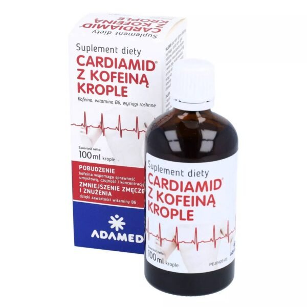 Cardiamide avec caféine, gouttes est un complément alimentaire contenant de la caféine, de la vitamine B6 et des extraits naturels de plantes de fruit d'aubépine, de racine de ginseng et de graines de guarana, qui aident à réduire la sensation de fatigue et de fatigue.