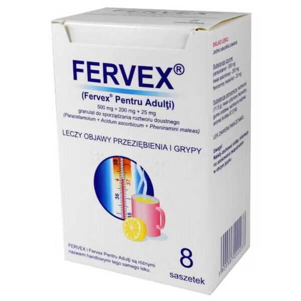 Fervex est utilisé pour le traitement aigu des symptômes de la grippe, du rhume et des états grippaux (maux de tête, fièvre, rhinopharyngite) chez les adultes et les enfants de plus de 15 ans.