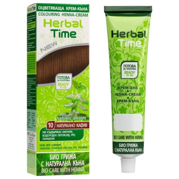 Herbal Time Natural Henna Cream consists of nettle extract, 100% olive oil, resin oil and henna extracts (Cassia Fistula and Cassia Italica).