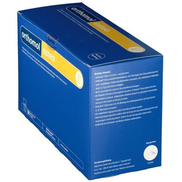 Orthomol® Osteo is a food supplement containing vitamin D and calcium to maintain normal bones, as well as other trace elements, potassium citrate and sodium fluoride.