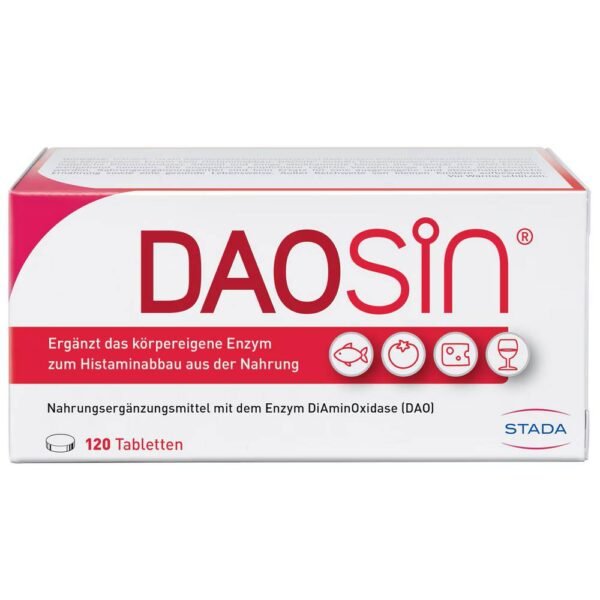 DAOSIN is a dietary supplement with the enzyme diamine oxidase (DAO), which supports the breakdown of histamine from food in the intestines.