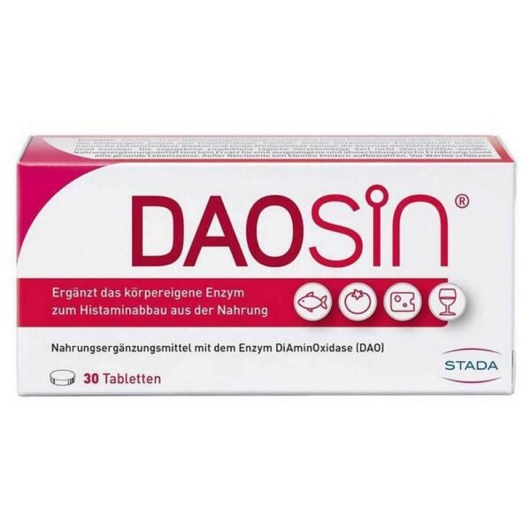 DAOSIN is a dietary supplement with the enzyme diamine oxidase (DAO), which supports the breakdown of histamine from food in the intestines.