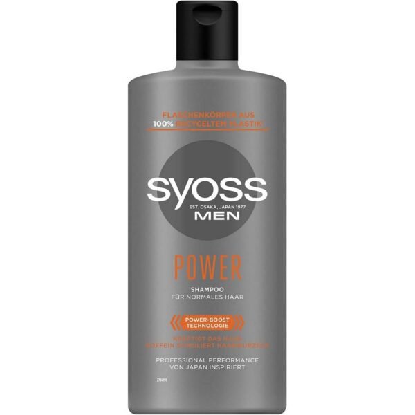 Syoss Men Power para fortalecer el cabello normal, estimula las raíces del cabello, fortalece el cabello y refresca el cuero cabelludo sin apelmazar el cabello.