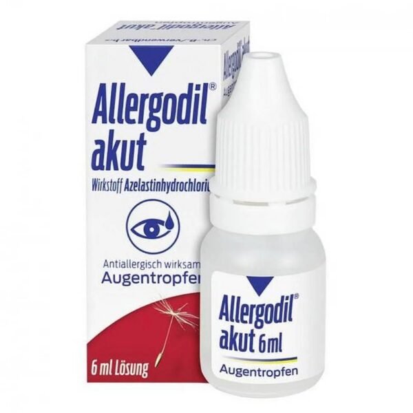 Allergodil gouttes oculaires aiguës. 0,5 mg/ml, collyre en solution. Principe actif : chlorhydrate d'azélastine. Domaine d'application : traitement et prévention des troubles causés par le rhume des foins (conjonctivite allergique saisonnière) chez les adultes et les enfants à partir de 4 ans. Traitement des allergies aux substances telles que les acariens et les poils d'animaux causées par l'œil (conjonctivite allergique non annuelle (pérenne)) chez les adultes à partir de 12 ans. Attention : contient du chlorure de benzalkonium. Respecter la notice. Lire le complément d'emballage et demander à votre médecin ou à votre pharmacien quels sont les risques et les effets secondaires.