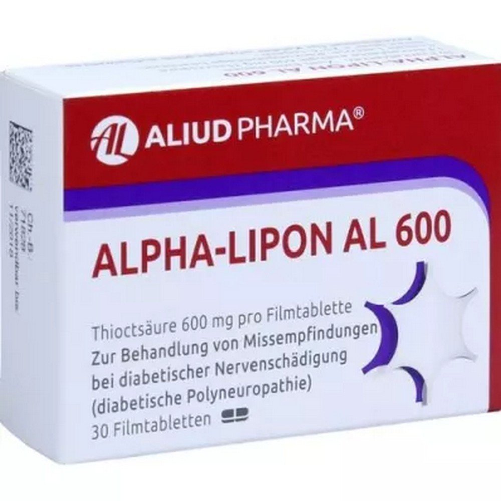 alpha lipon al 600 film coated tablets 30 pcs Alpha - Lipon AL 600 comprimés pelliculés Principe actif : acide thiocique. S'utilise en cas de sensations de lésions nerveuses diabétiques (polyneuropathie). Contient du lactose. Lisez le complément alimentaire et demandez à votre médecin ou à votre pharmacien quels sont les risques et les effets secondaires.