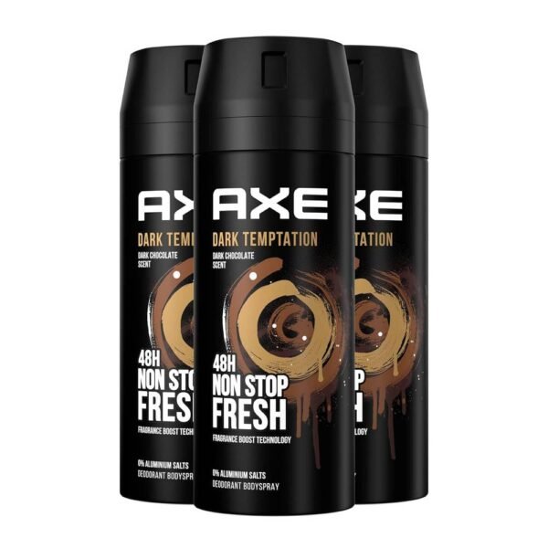 AXE Deo Spray Dark Temptation 3X 150ml la protección eficaz contra el olor corporal se combina con un excitante aroma dulce y especiado, sin aluminio, protección de 48 horas.