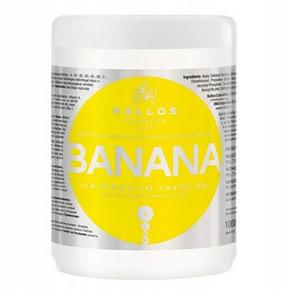 KALLOS BANANA STRENGTHENING AND SOFTENING HAIR MASK BANANA 1000ML protects against hot air from a hair dryer and the negative impact of weather conditions, makes hair silky, soft and shiny.