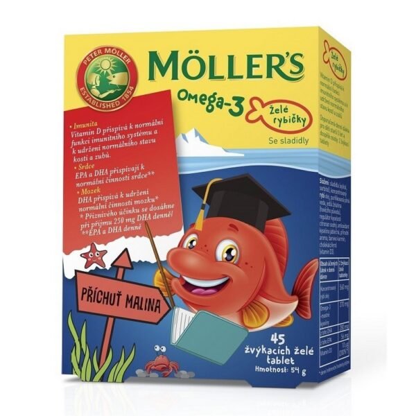 Möller's Omega-3 Jelly Fish 45pcs Raspberry Flavor – chewable omega-3 gummies in the shape of jellyfish, with a delicious raspberry flavor, designed to support heart, brain, and eye health.