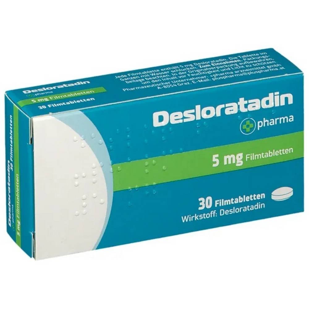 pluspharma desloratadin 5mg 30 Pluspharma Desloratadin 5mg is an antiallergic medicine. It relieves the symptoms of allergic rhinitis (inflammation of the nasal passages caused by allergies, such as hay fever or house dust mite allergy) in adults and adolescents aged 12 years and over.