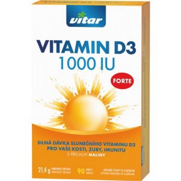 Vitar Vitamin D3 Forte 1000 IU Tbl. 90 – a dietary supplement providing 1000 IU of vitamin D3 per tablet to support bone health, immune function, and overall well-being.