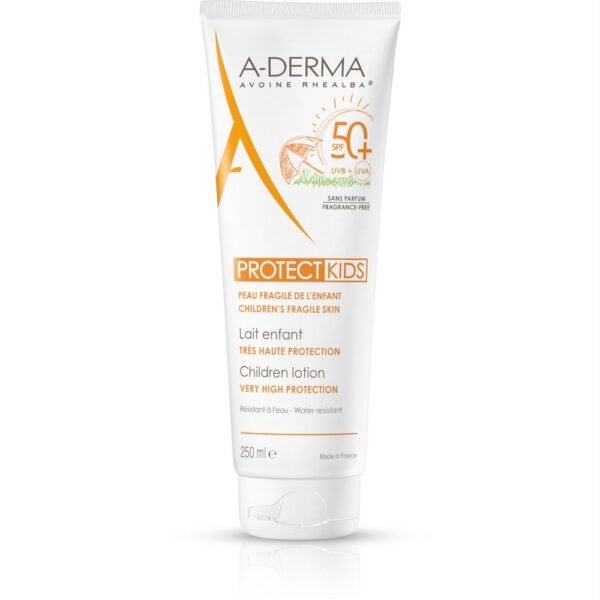 A-Derma Protect Milk for Children SPF 50+ 250ml, very high sun protection for delicate children's skin, enriched with plant-based ingredients, water-resistant and soothing formula.