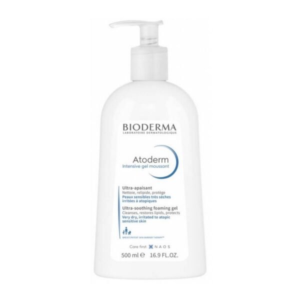 Bioderma Atoderm Intensive Foaming Gel 500ml, gentle cleansing gel for very dry and sensitive skin, soothes irritation and restores the skin barrier, soap-free and moisturizing formula.