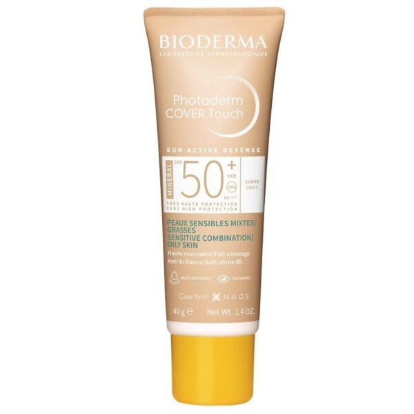 Bioderma Photoderm Cover Touch SPF 50+ Light 40g, high sun protection with a tinted formula that provides a mattifying effect and helps even out skin tone, perfect for sensitive, oily, or acne-prone skin.