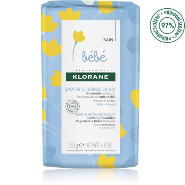 Klorane Bébé Very Gentle Nourishing Soap Bar 250g, nourishing and moisturizing soap bar for delicate baby skin, enriched with organic calendula, gently cleanses and protects.