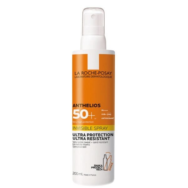 La Roche-Posay Anthelios Shaka Spray SPF 50+ 200ml, high sun protection for sensitive skin, ultra-light and water-resistant formula, non-greasy and fast-absorbing.